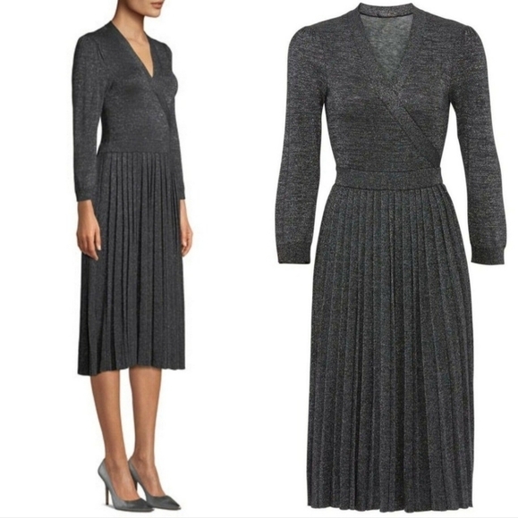 Kate Spade New York Faux Wrap Dress Grey Metallic Silver Knit Pleated V Neck XS - Picture 3 of 14